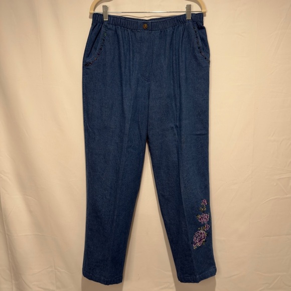 Vintage 90s Floral Embroidered Sequin Denim Jean Jacket & Pants Set, 12 Petite - Picture 10 of 16